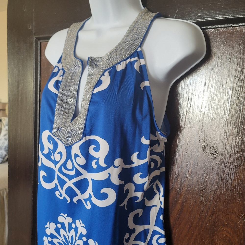 INC blue and white sleeveless top with beaded neck detail. Size Large